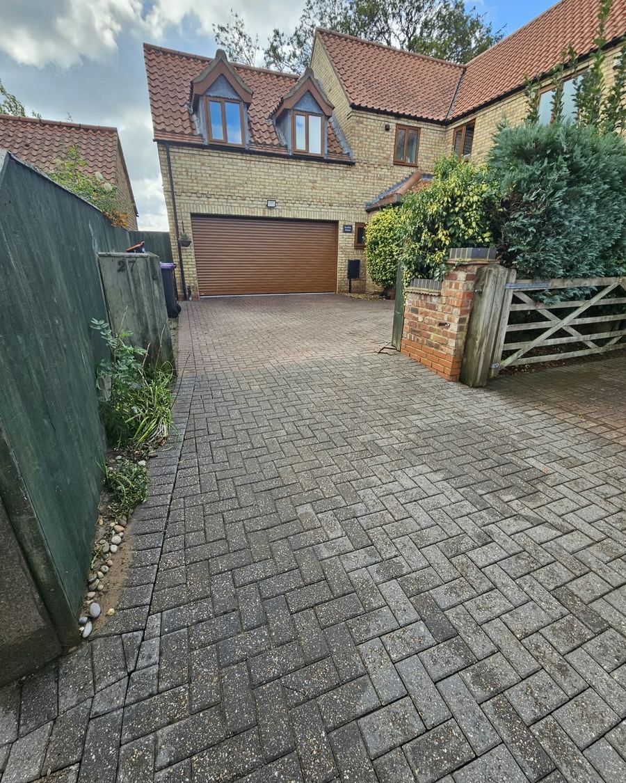 Block paving driveway after cleaning by Fenland Property Care
