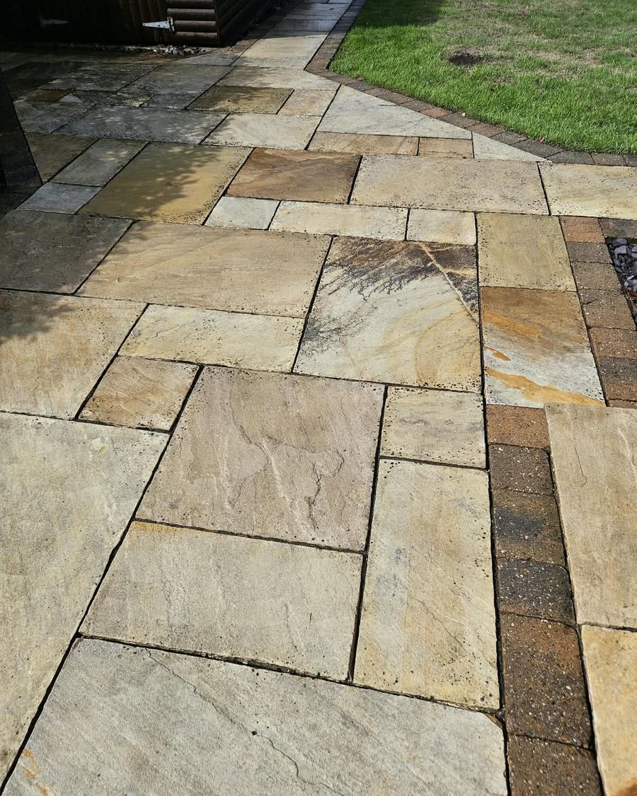 Jet washing lincolnshire, indian sandstone patio after cleaning by Fenland Property Care