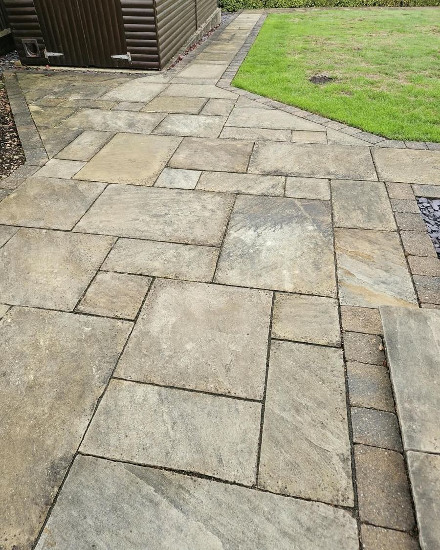 Jet washing lincolnshire, indian sandstone patio before cleaning