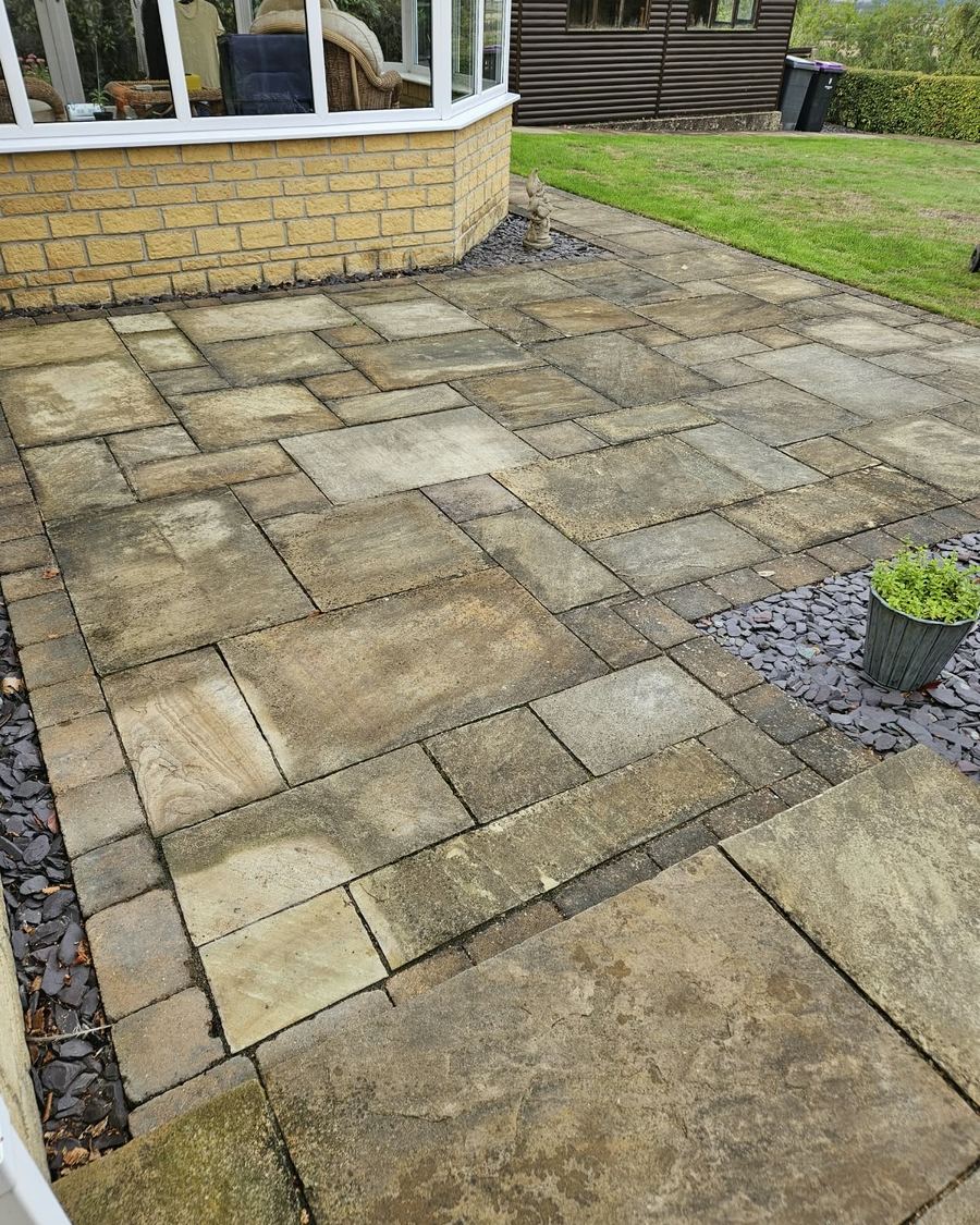 Indian sandstone patio before cleaning