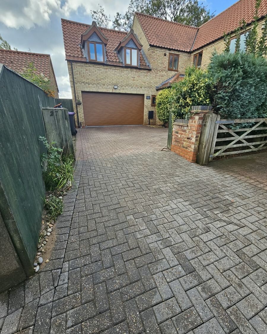 Block paving driveway after cleaning by Fenland Property Care